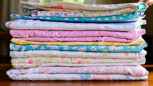 Colorful Stack of Cozy Vintage Quilted Linens and Soft Blankets, Home Decor