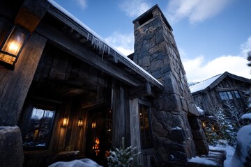 Snow-covered rustic building with stone chimney, dark wood beams, and icicles in winter landscape