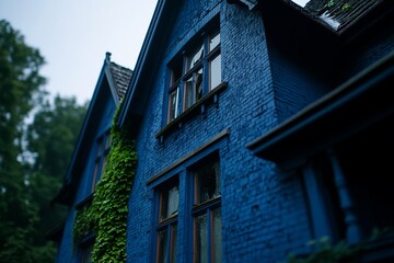 Obraz premium Eerie Blue Estate, Weathered Bricks and Broken Panes of Abandoned Charm