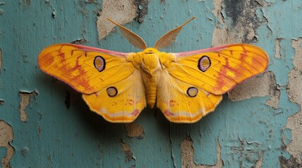 Yellow moth on weathered wall, macro view