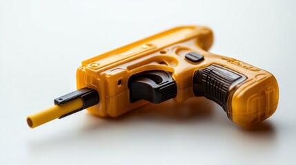 Yellow toy gun on white background; play; studio; safety