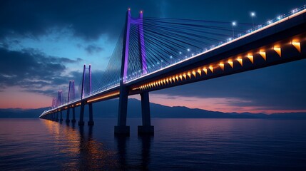 Fototapeta premium Illuminated cable-stayed bridge stretching across water during twilight hour