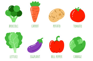 Vegetables, ingredient. Simple style, flat icons set.  Tomato, potato, broccoli, carrot, Lettuce, eggplant, bell pepper,  Ingredients set collection. Vector illustration