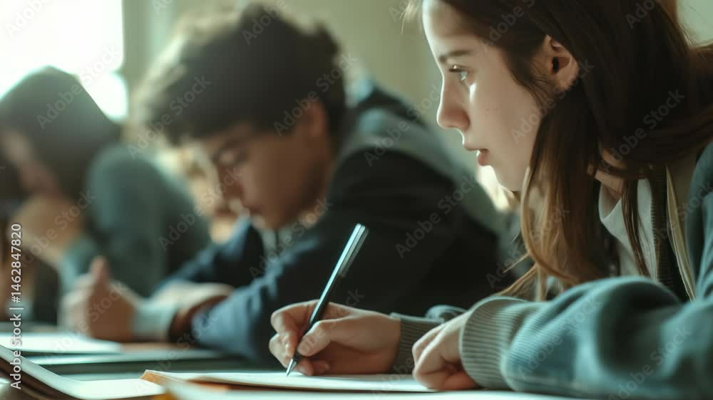 Poster students are immersed focused work during class, writing intently. the scene depicts quiet concentra