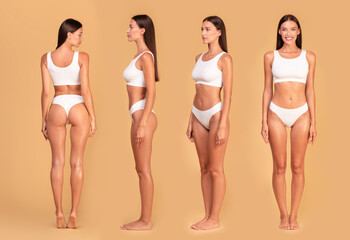 Front, side and back view of slim lady in underwear posing on beige studio background and...