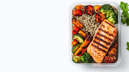 Clear plastic container filled with a colorful and well-balanced meal featuring grilled salmon, quinoa, and assorted roasted vegetables.  Healthy eating is highlighted.