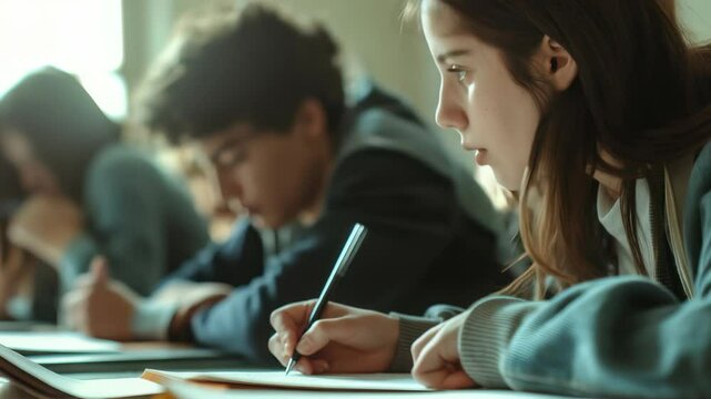 Students are immersed focused work during class, writing intently. The scene depicts quiet concentration, illustrating dedication required effective learning. The classroom setting creates studious