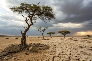 Trees Thrive in Dry Cracked Desert Landscape Under Cloudy Sky Generative AI