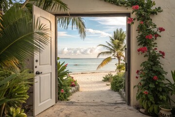 Fototapeta premium Tropical Oasis Doorway Leading to a Serene Beach Escape Generative AI