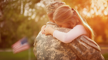Young girl hugging soldier comfortingly in warm sunset for Veterans Day (USA) with copy space
