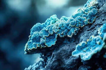 Close-up of vibrant blue lichen growing on dark rock, showcasing intricate texture and color.