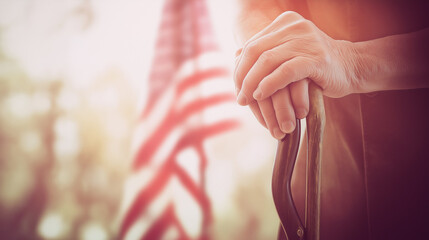 Folded hands on cane resting steadily with an American flag backdrop for Veterans Day (USA) and copy space