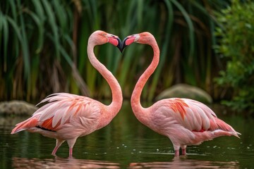 Two Flamingos Creating a Heart Shape in a Serene Pond Generative AI
