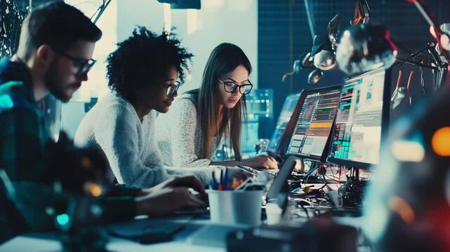 Diverse team collaborating on software development in a modern office environment - Powered by Adobe