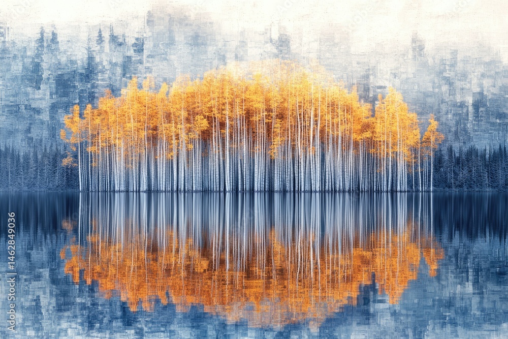 Poster golden aspen trees reflected in a calm lake, creating a serene and symmetrical autumnal scene.