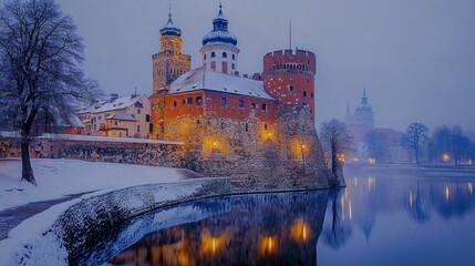 Obraz premium Winter wonderland castle by a frozen lake. Snowy landscape with ancient stone towers and reflections