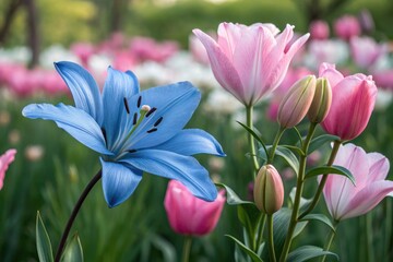 Fototapeta premium Vibrant Blue Lilies and Pink Tulips Blooming in a Garden Generative AI