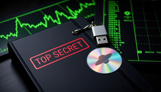 Top Secret Notebook with USB and UFO Sticker, Control Room Concept for Data Security and Alien Research
