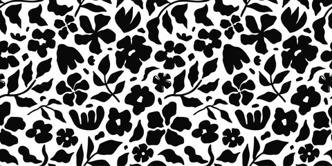 Seamless floral pattern with black silhouette flowers and leaves on a white background. Elegant botanical design for fabric, wallpaper, packaging, and modern creative projects. Vector illustration