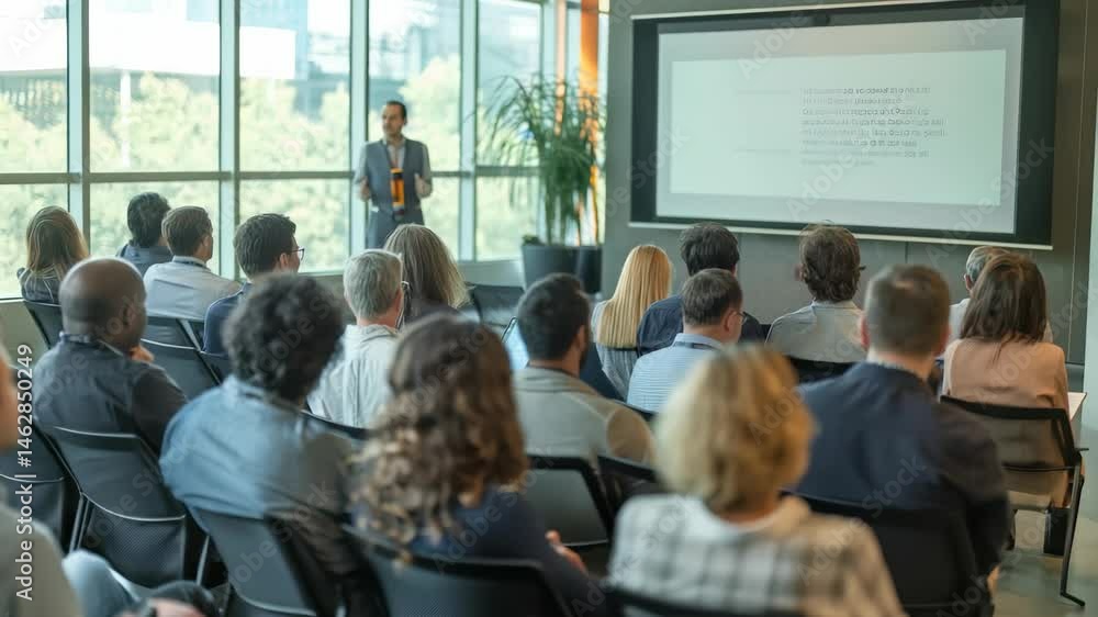 Poster A diverse audience listens to a speaker in a well-lit conference room. Large windows and a screen enhance the presentation setting. Professional setting for knowledge transfer.