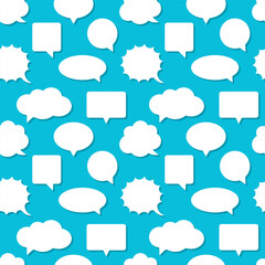 Speech bubbles. White elements on blue background. Vector seamless pattern.