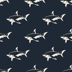 Stylized white sharkes on dark blue background. Vector seamless pattern.