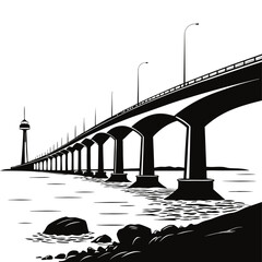Confederation Bridge is one of the most famous bridges in Canada, black and white, white background, vector Silhouette