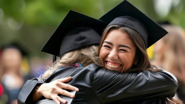 Two graduates in academic regalia share heartfelt hug. The joyous celebration of their hard work , achievement is captured in moment of camaraderie , shared success against blurred green backdrop.