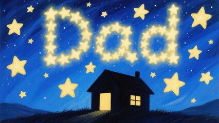 A cozy home under a starry sky with the word Dad written in stars creating a heart-warming Father's Day illustration, a child-like painting style 8K