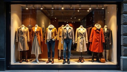 Elegant boutique window display featuring seasonal attire, store, sales, autumn