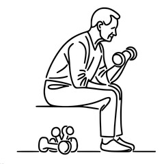 Elderly man training with dumbbells sitting on chair in minimalistic outline style, single line outline vector