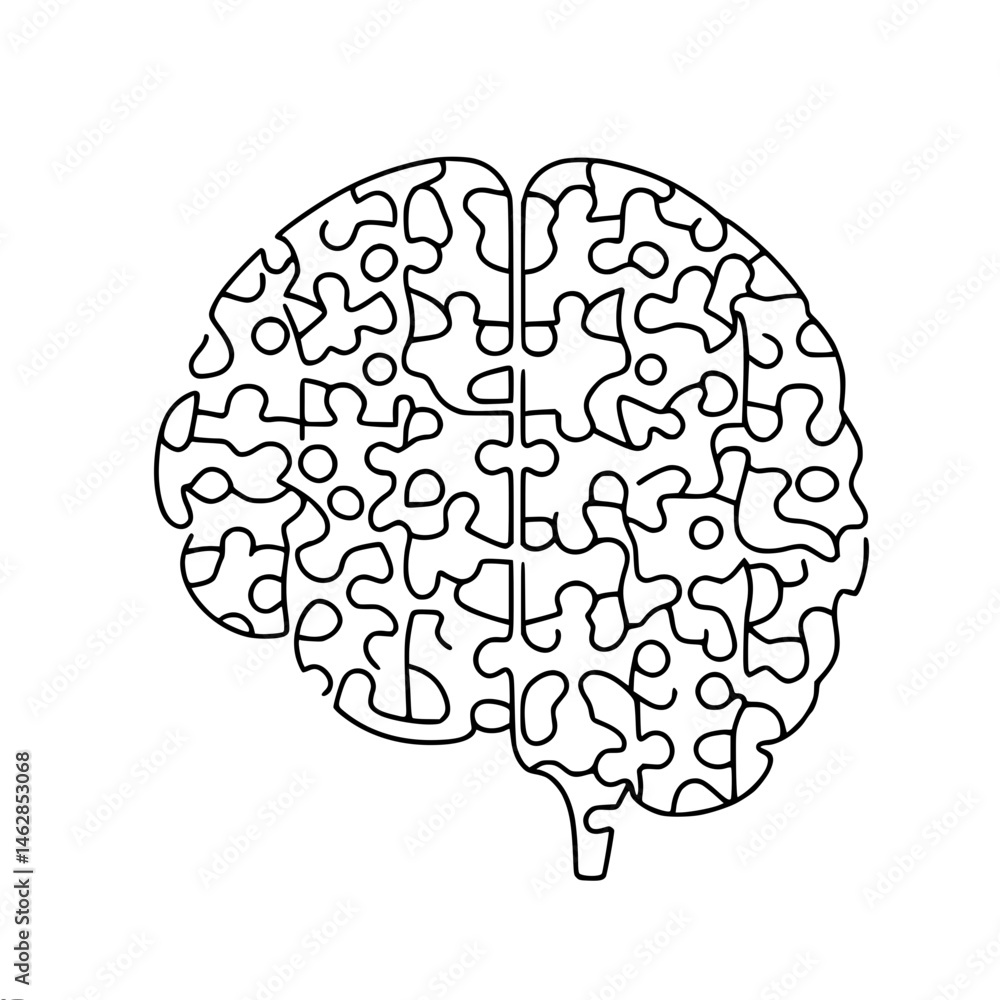 Poster brain puzzle outline representing complexity and thought, single line outline vector