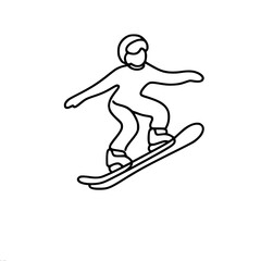 Snowboarder child performing jump in minimalist style, vector outline of one line