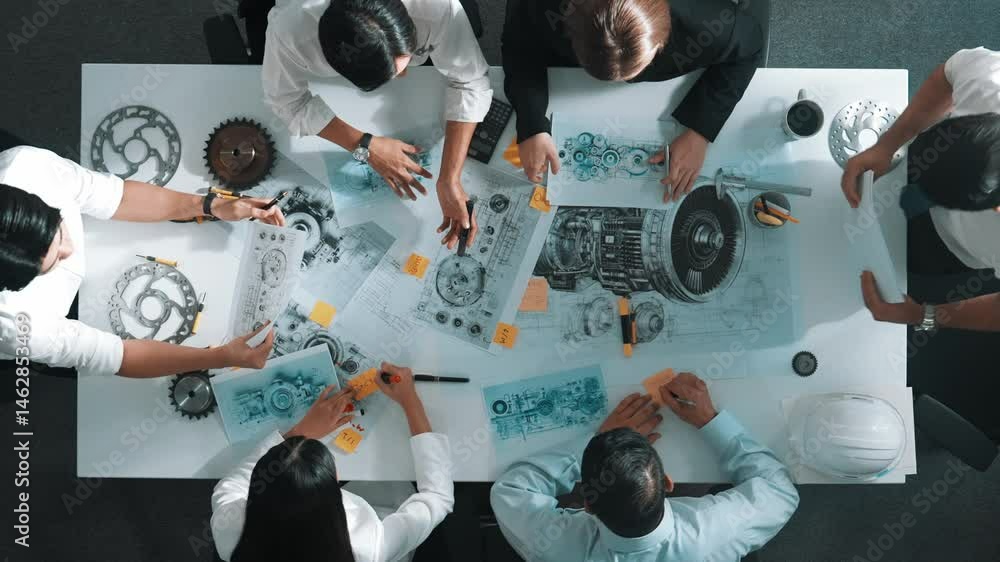 Poster top view of engineer pointing at turbine engine at meeting table with equipment. aerial view of prof