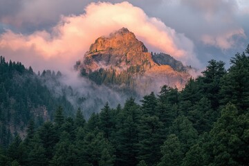 Fototapeta premium A majestic mountain peak shrouded in mist at sunset, showcasing a breathtaking natural landscape.