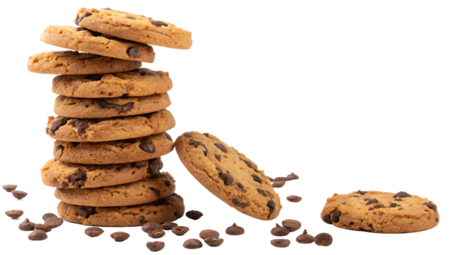 tower of delicious chocolate chips cookies on white background PNG. AI GENERATED