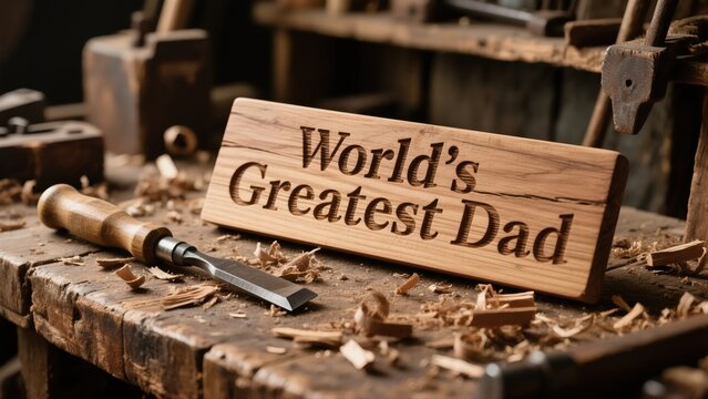 A handcrafted wooden sign that proudly declares 'World's Greatest Dad', complete with wood shavings and a chisel on a workbench, evoking the spirit of Father's Day gift 8K