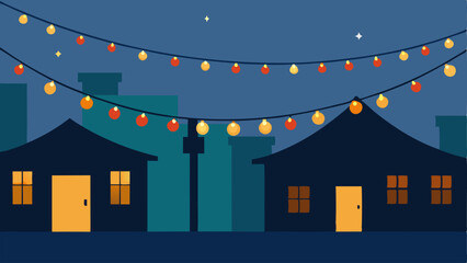 Obraz premium Holiday Lights Strings of ling holiday lights strung up along the buildings creating a warm glow throughout the scene.