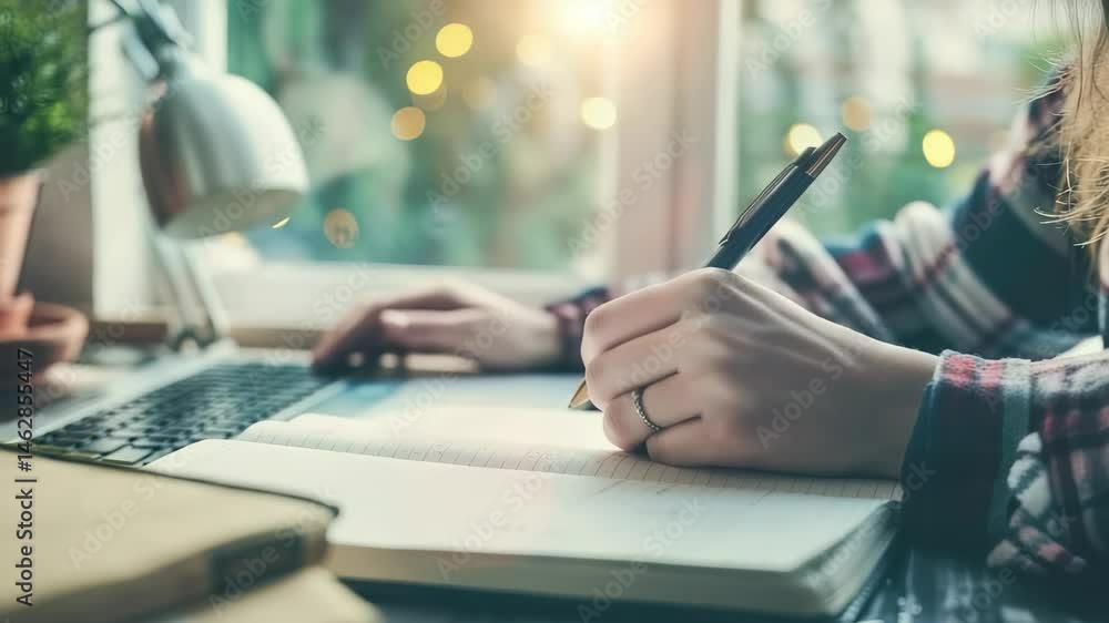 Poster A woman is writing in an open notebook with a pen. The scene is set at a desk with a laptop in the background, and it's lit by ambient, blurred lighting from a nearby window.