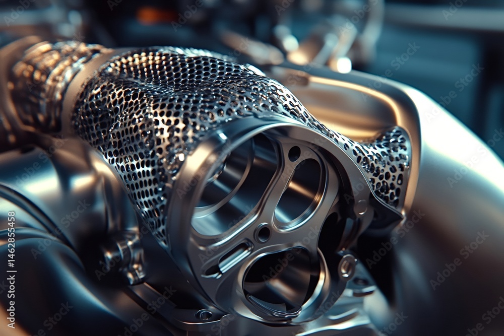 Poster close-up view of a complex engine component, highlighting a futuristic design with an intricate meta