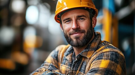 Construction worker smiles in industrial setting