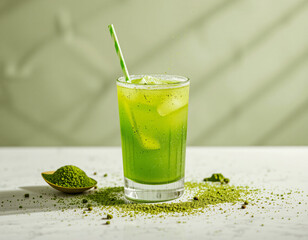 Matcha Sparkle cocktail with vivid green color and edible glitter, combining wellness trends with stylish, modern presentation
