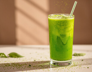 Matcha Sparkle cocktail with vivid green color and edible glitter, combining wellness trends with stylish, modern presentation