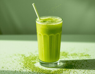 Matcha Sparkle cocktail with vivid green color and edible glitter, combining wellness trends with stylish, modern presentation