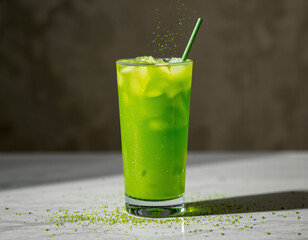 Matcha Sparkle cocktail with vivid green color and edible glitter, combining wellness trends with stylish, modern presentation