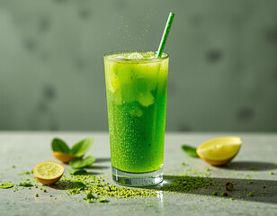 Matcha Sparkle cocktail with vivid green color and edible glitter, combining wellness trends with stylish, modern presentation