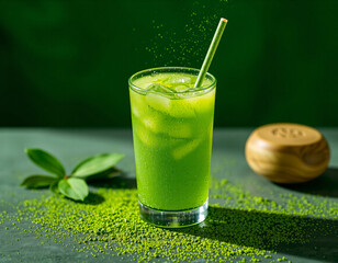 Matcha Sparkle cocktail with vivid green color and edible glitter, combining wellness trends with stylish, modern presentation