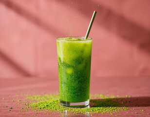 Matcha Sparkle cocktail with vivid green color and edible glitter, combining wellness trends with stylish, modern presentation