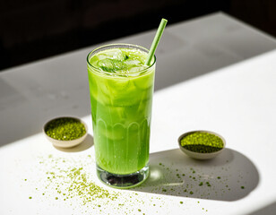 Matcha Sparkle cocktail with vivid green color and edible glitter, combining wellness trends with stylish, modern presentation