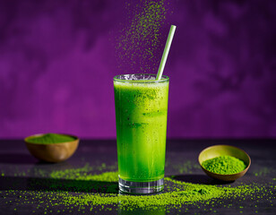 Matcha Sparkle cocktail with vivid green color and edible glitter, combining wellness trends with stylish, modern presentation
